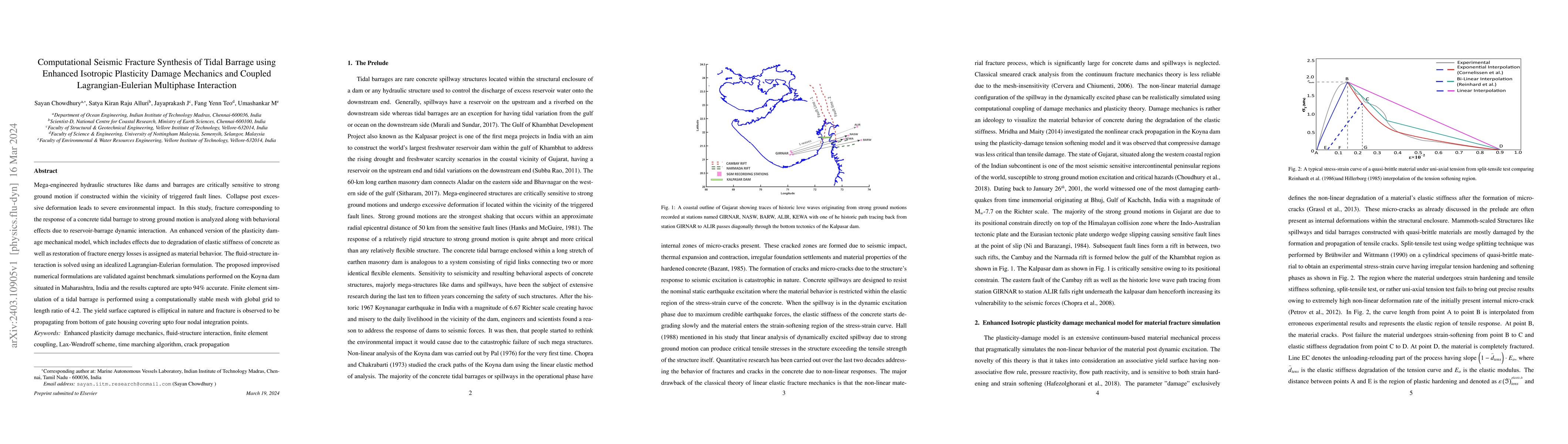 Thumbnail for Computational Seismic Fracture Synthesis of Tidal Barrage using Enhanced
  Isotropic Plasticity Damage Mechanics and Coupled Lagrangian-Eulerian
  Multiphase Interaction