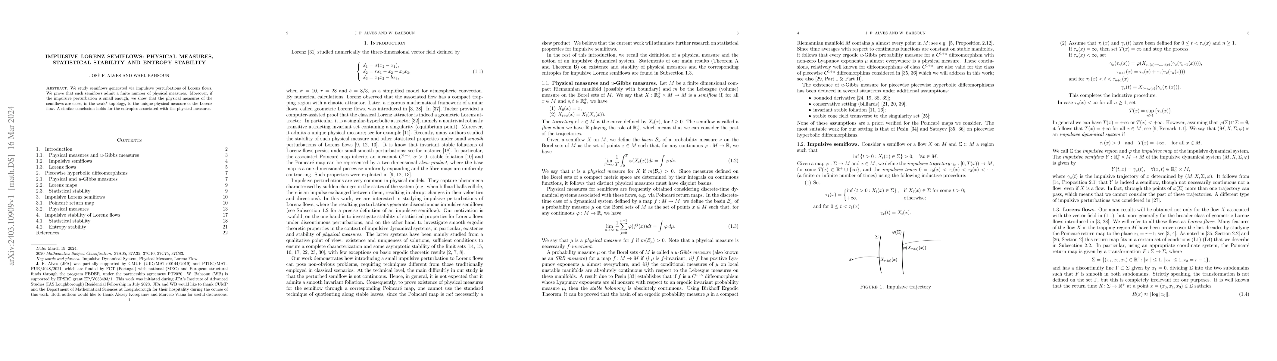 Thumbnail for Impulsive Lorenz semiflows: Physical measures, statistical stability and
  entropy stability