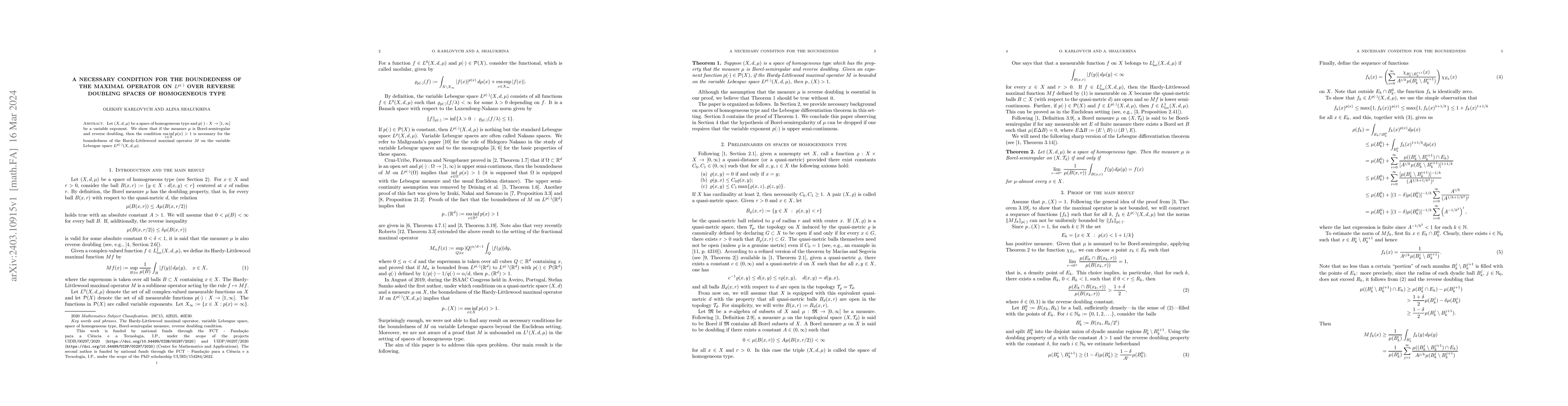 Thumbnail for A necessary condition for the boundedness of the maximal operator on
  $L^{p(\cdot)}$ over reverse doubling spaces of homogeneous type