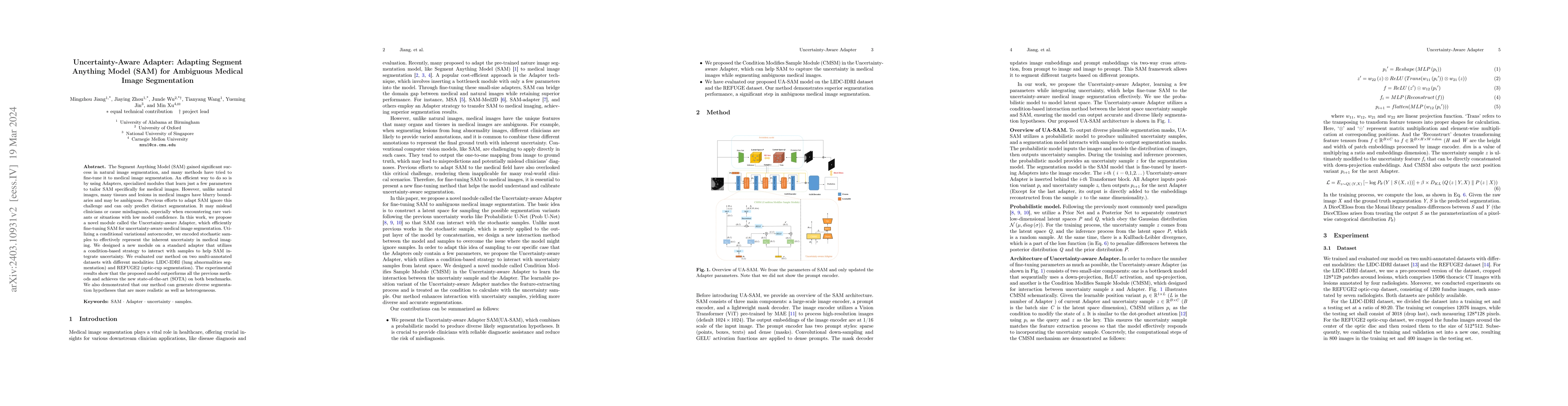 Thumbnail for Uncertainty-Aware Adapter: Adapting Segment Anything Model (SAM) for
  Ambiguous Medical Image Segmentation