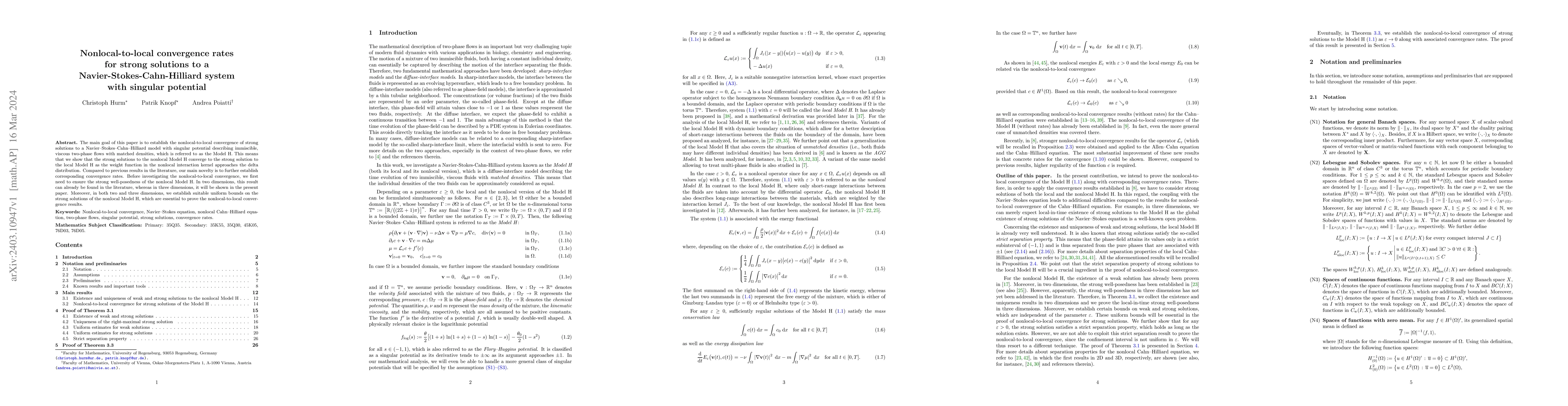 Thumbnail for Nonlocal-to-local convergence rates for strong solutions to a
  Navier-Stokes-Cahn-Hilliard system with singular potential
