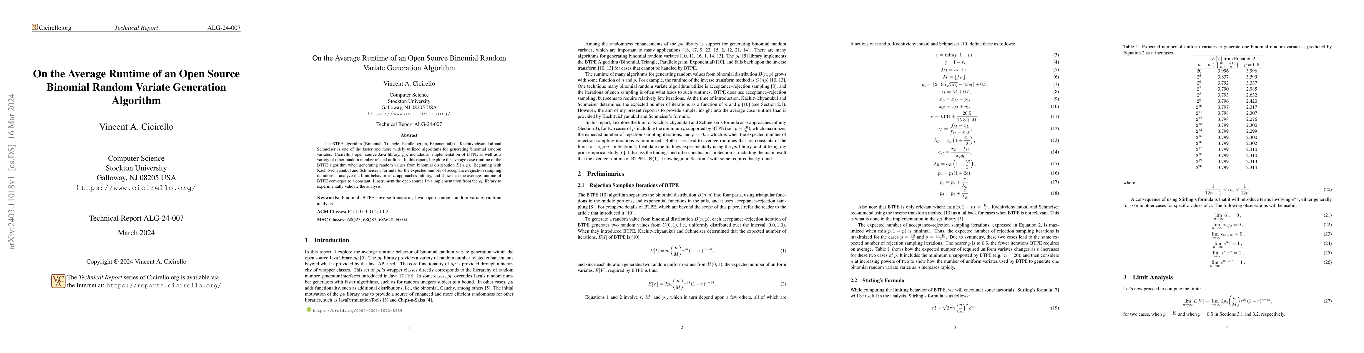 Thumbnail for On the Average Runtime of an Open Source Binomial Random Variate
  Generation Algorithm