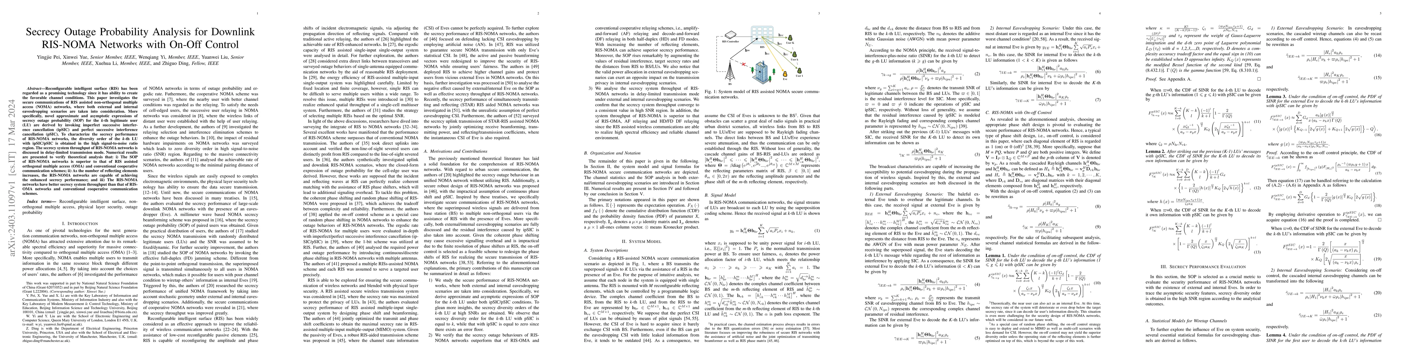 Thumbnail for Secrecy Outage Probability Analysis for Downlink RIS-NOMA Networks with
  On-Off Control