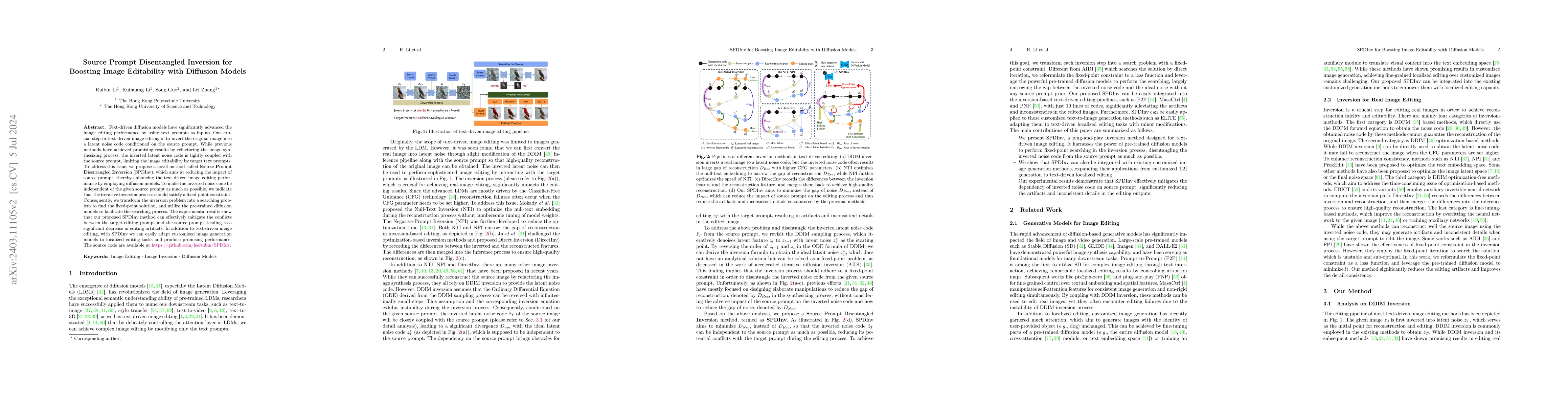 Thumbnail for Source Prompt Disentangled Inversion for Boosting Image Editability with
  Diffusion Models
