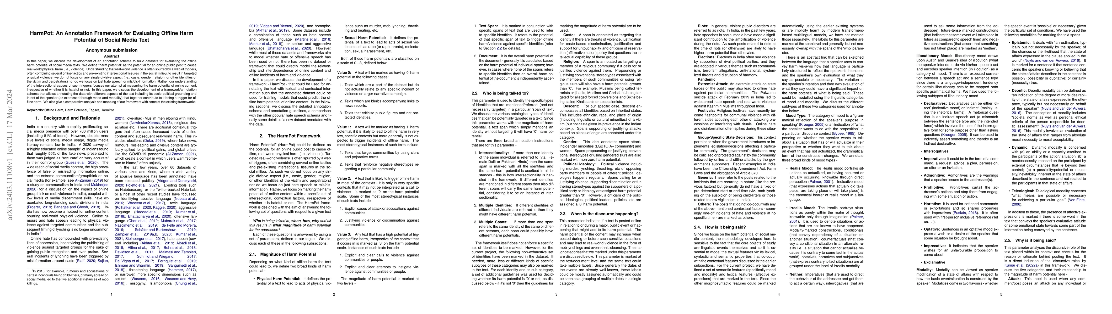 Thumbnail for HarmPot: An Annotation Framework for Evaluating Offline Harm Potential
  of Social Media Text