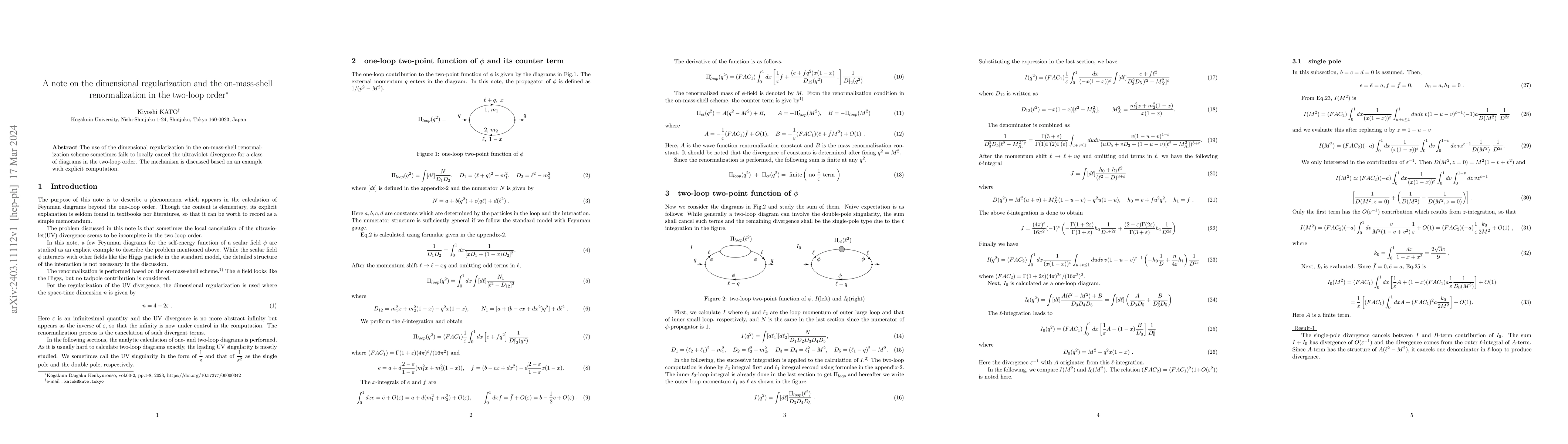 Thumbnail for A note on the dimensional regularization and the on-mass-shell
  renormalization in the two-loop order
