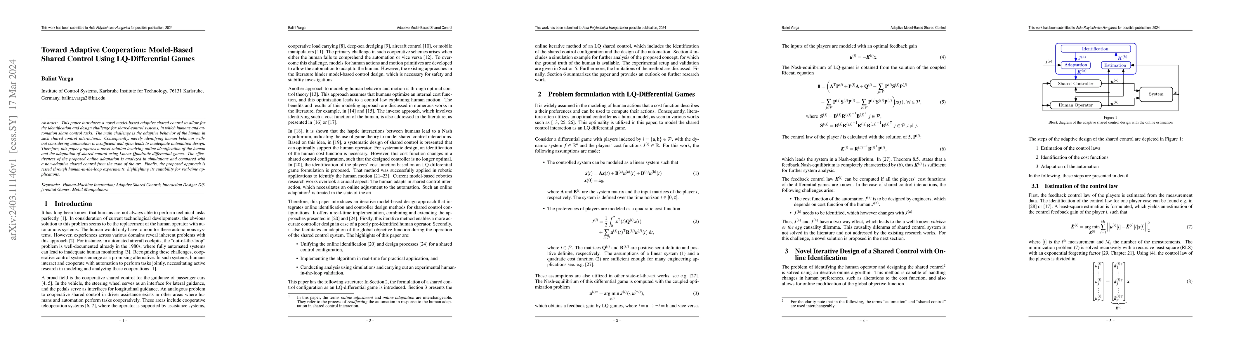 Thumbnail for Toward Adaptive Cooperation: Model-Based Shared Control Using
  LQ-Differential Games