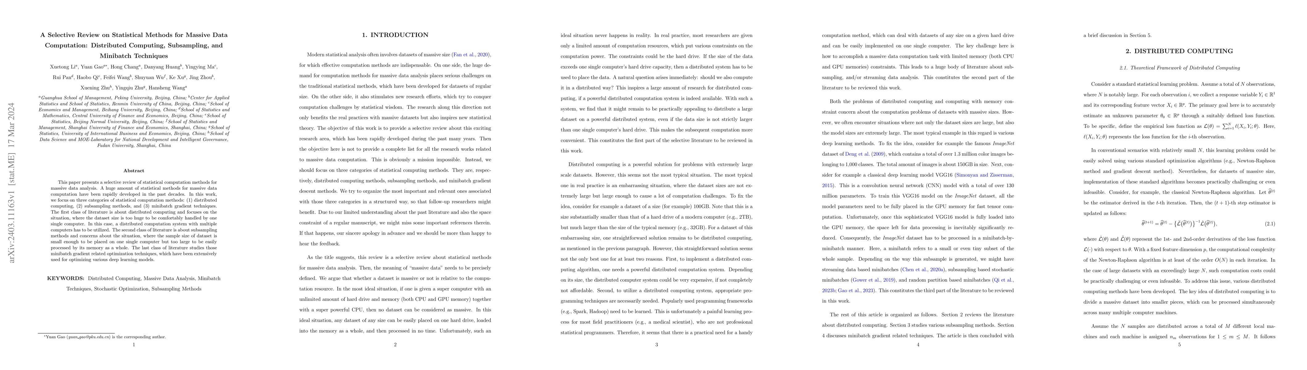 Thumbnail for A Selective Review on Statistical Methods for Massive Data Computation:
  Distributed Computing, Subsampling, and Minibatch Techniques