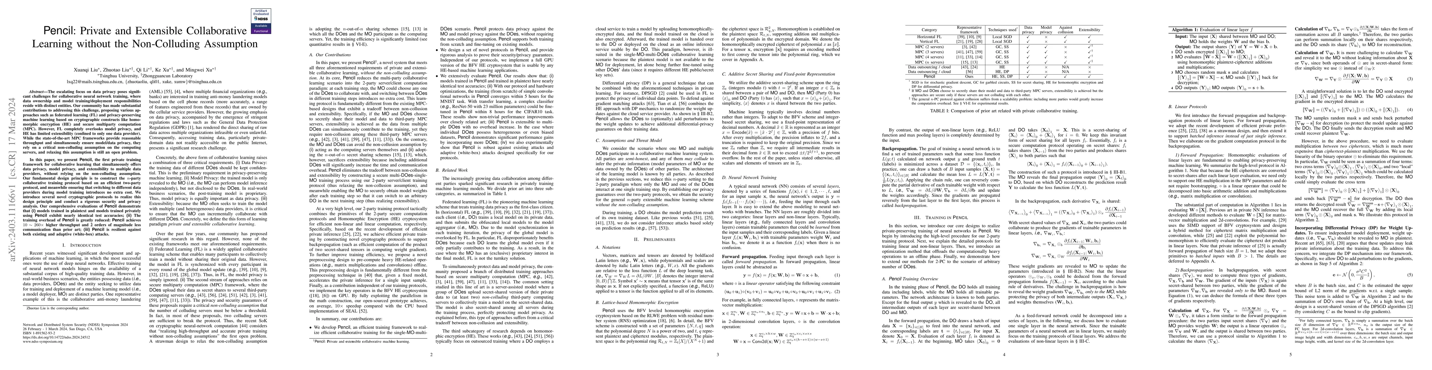 Thumbnail for Pencil: Private and Extensible Collaborative Learning without the
  Non-Colluding Assumption