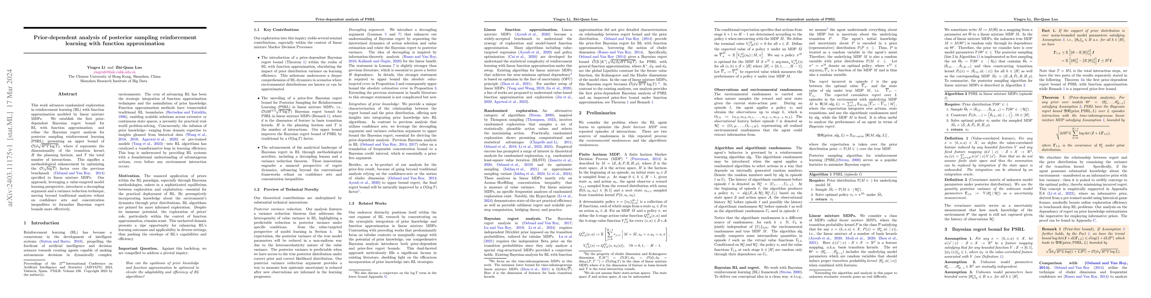 Thumbnail for Prior-dependent analysis of posterior sampling reinforcement learning
  with function approximation