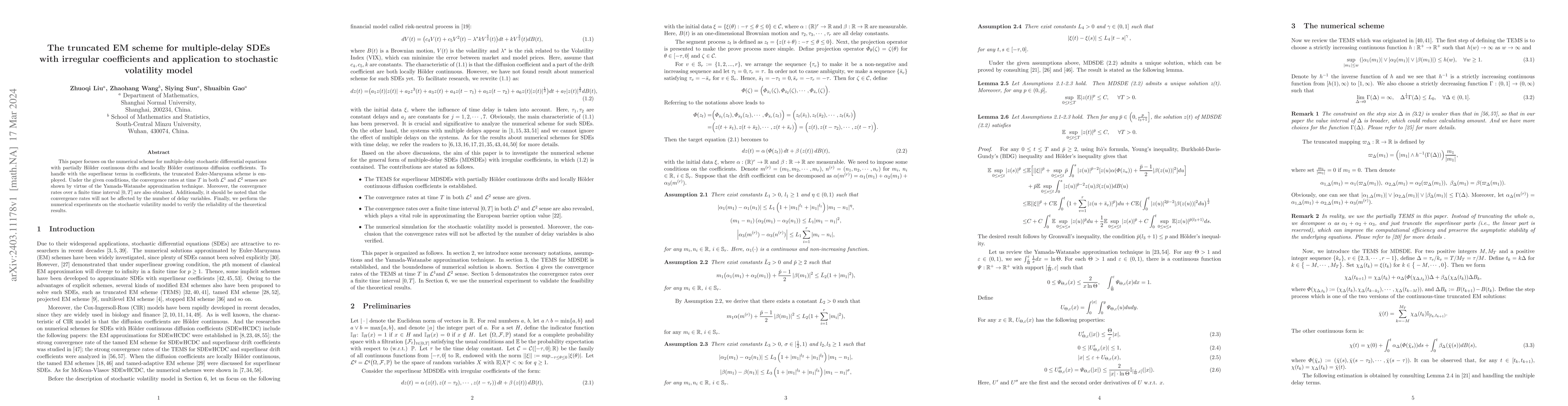 Thumbnail for The truncated EM scheme for multiple-delay SDEs with irregular
  coefficients and application to stochastic volatility model