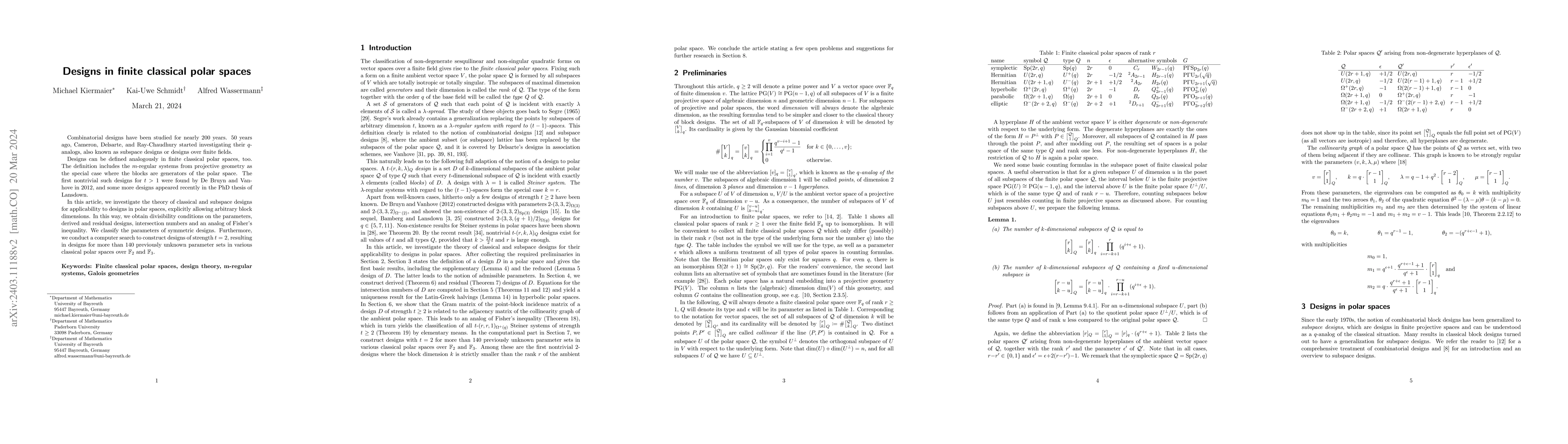 Thumbnail for Designs in finite classical polar spaces