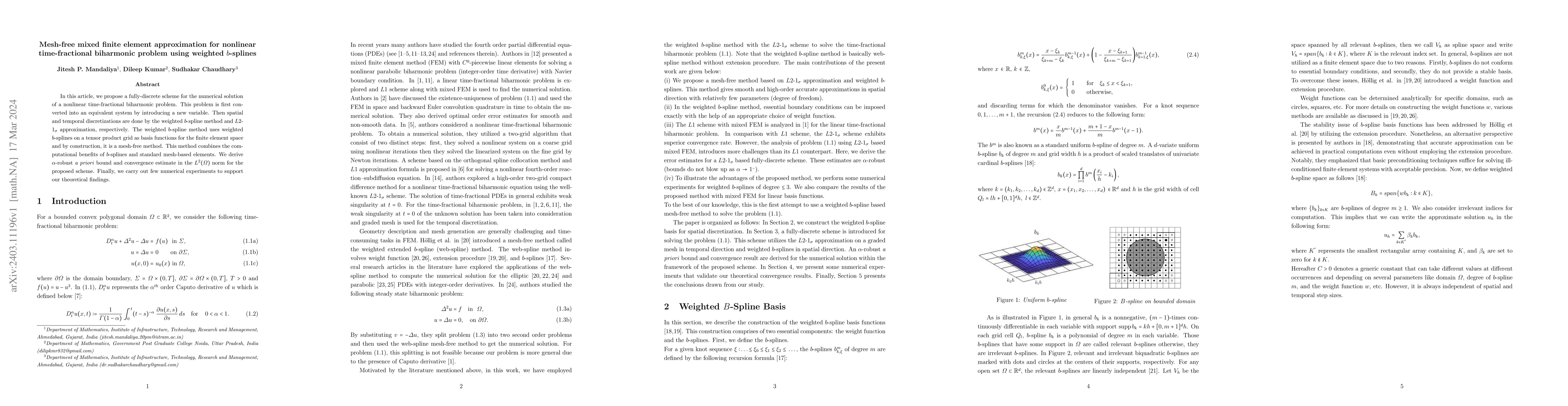 Thumbnail for Mesh-free mixed finite element approximation for nonlinear
  time-fractional biharmonic problem using weighted b-splines