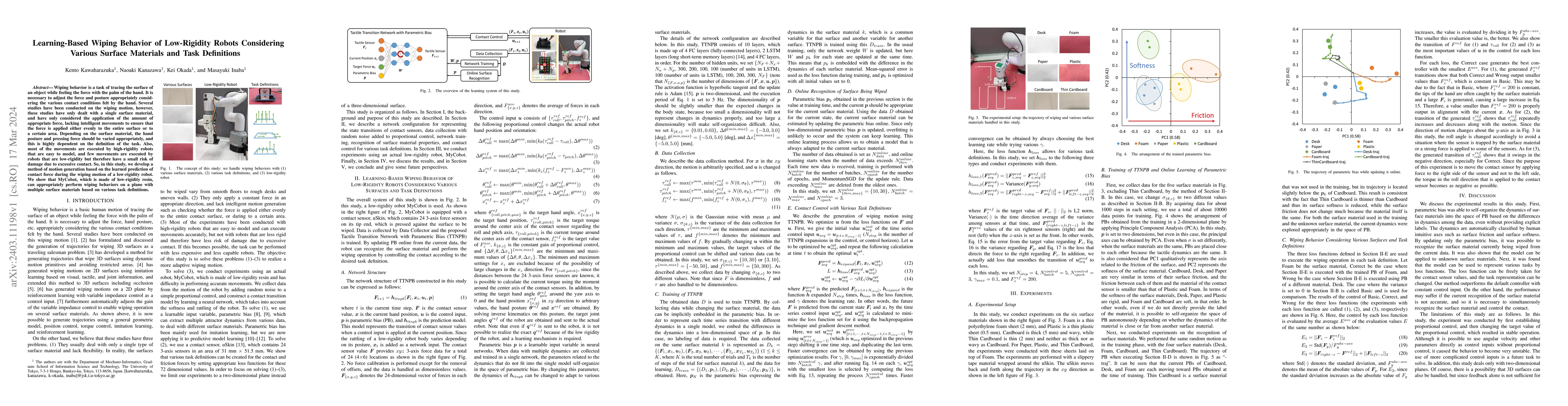 Thumbnail for Learning-Based Wiping Behavior of Low-Rigidity Robots Considering
  Various Surface Materials and Task Definitions