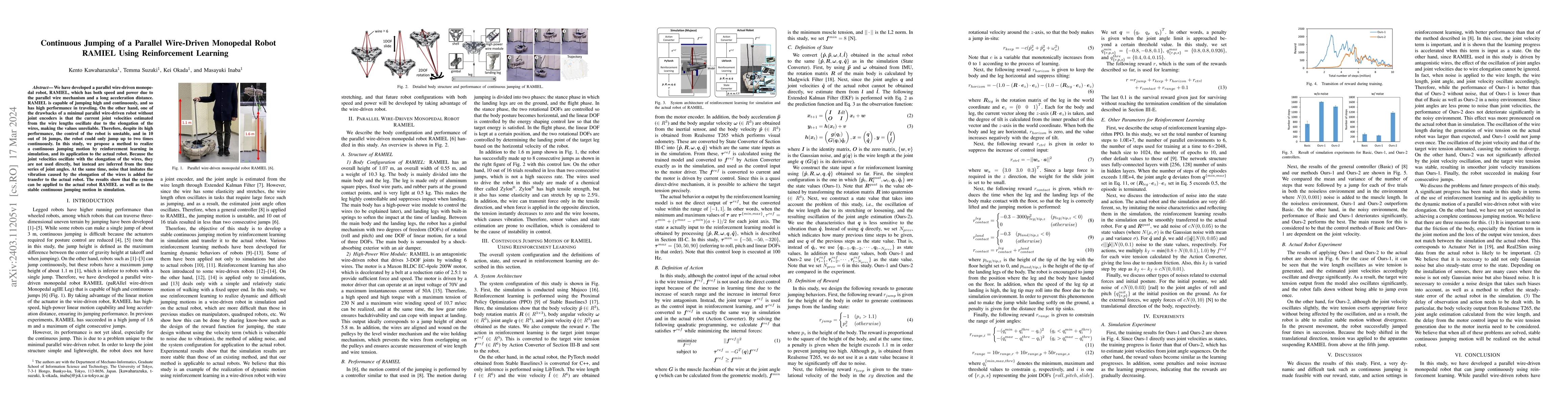 Thumbnail for Continuous Jumping of a Parallel Wire-Driven Monopedal Robot RAMIEL
  Using Reinforcement Learning
