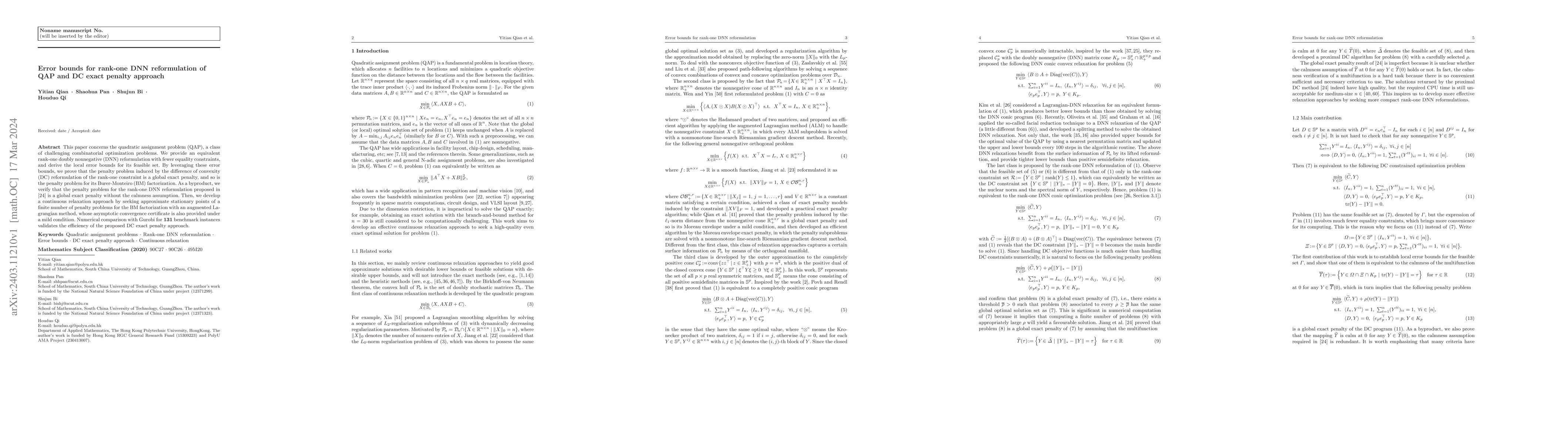Thumbnail for Error bounds for rank-one DNN reformulation of QAP and DC exact penalty
  approach