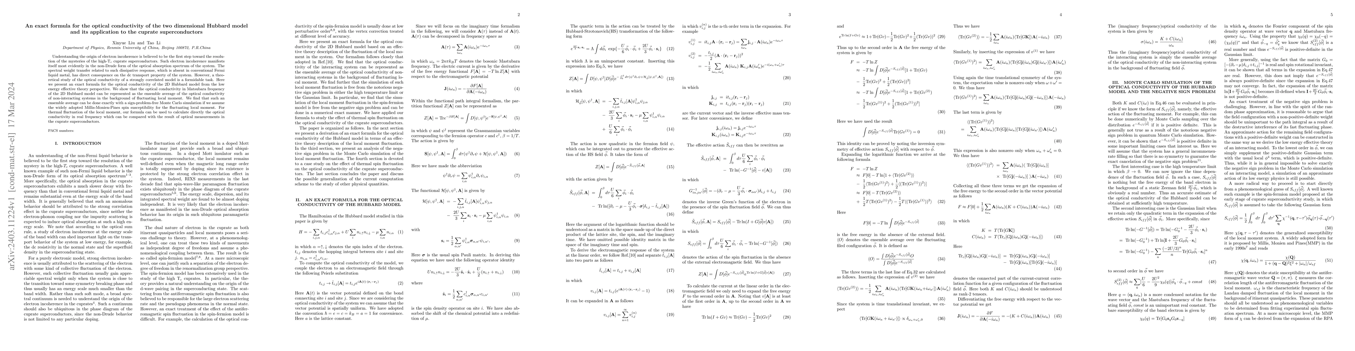 Thumbnail for An exact formula for the optical conductivity of the two dimensional
  Hubbard model and its application to the cuprate superconductors
