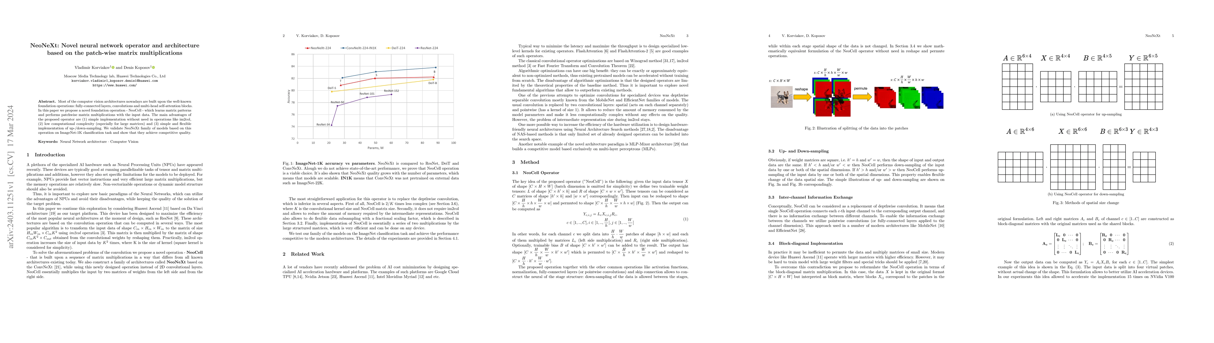 Thumbnail for NeoNeXt: Novel neural network operator and architecture based on the
  patch-wise matrix multiplications