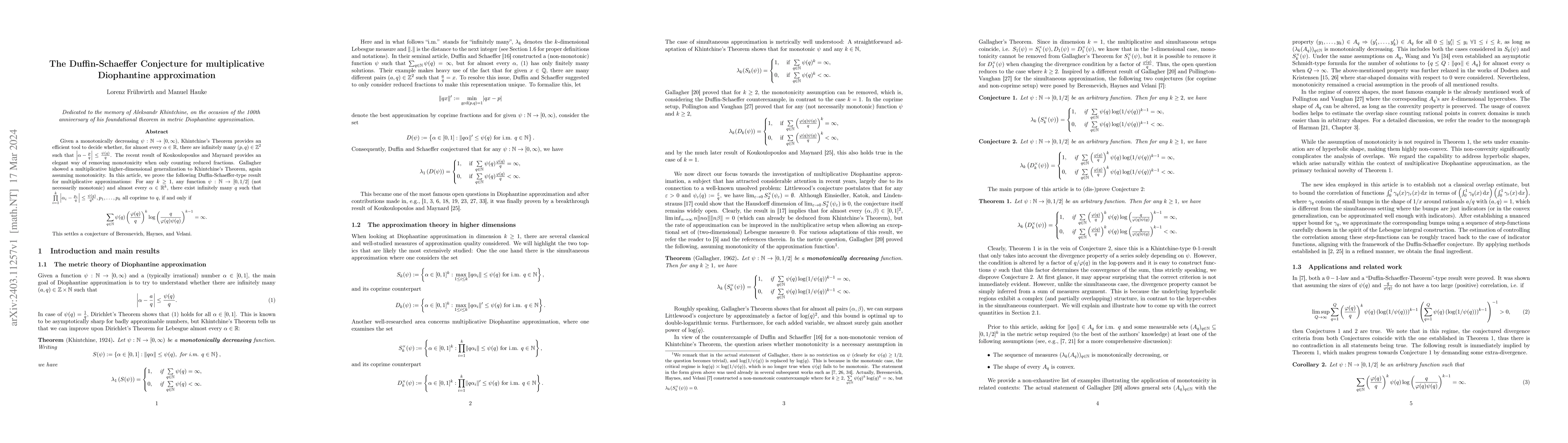 Thumbnail for The Duffin-Schaeffer Conjecture for multiplicative Diophantine
  approximation