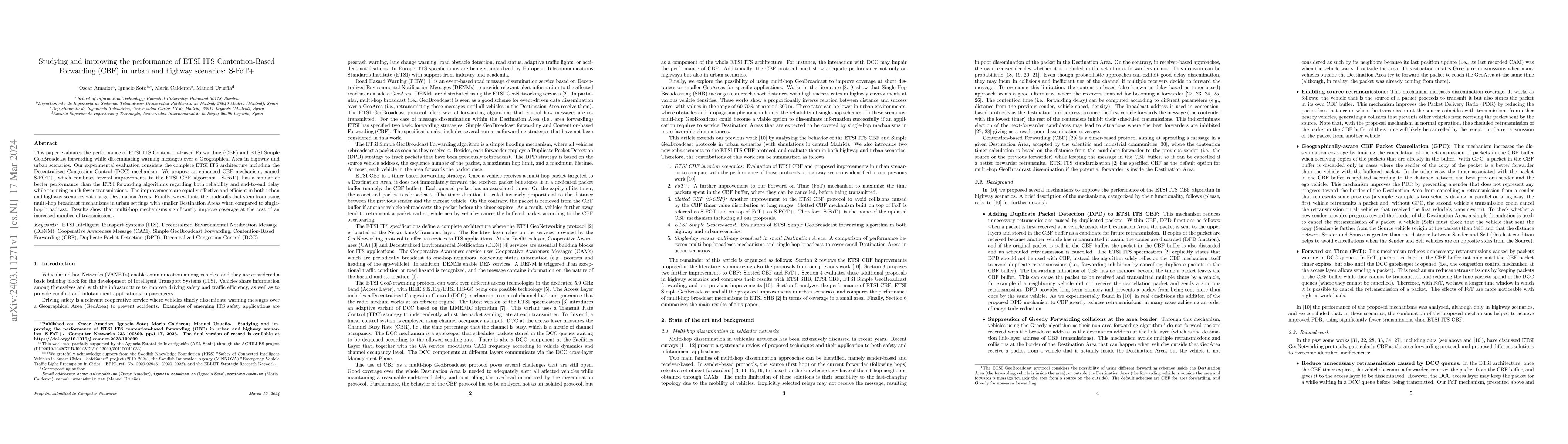 Thumbnail for Studying and improving the performance of ETSI ITS contention-based
  forwarding (CBF) in urban and highway scenarios: S-FoT+