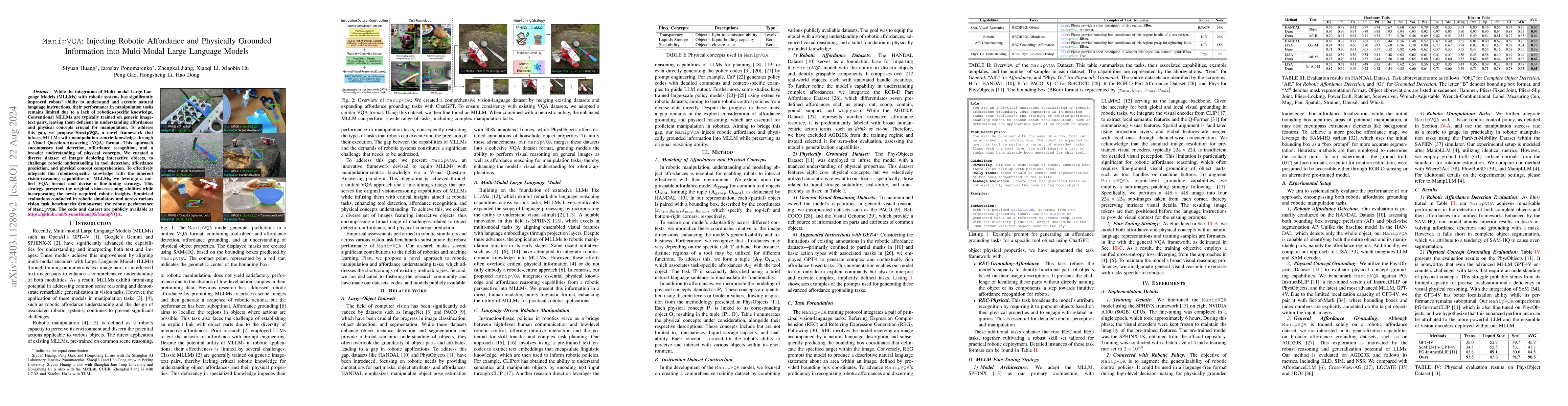 Thumbnail for ManipVQA: Injecting Robotic Affordance and Physically Grounded
  Information into Multi-Modal Large Language Models