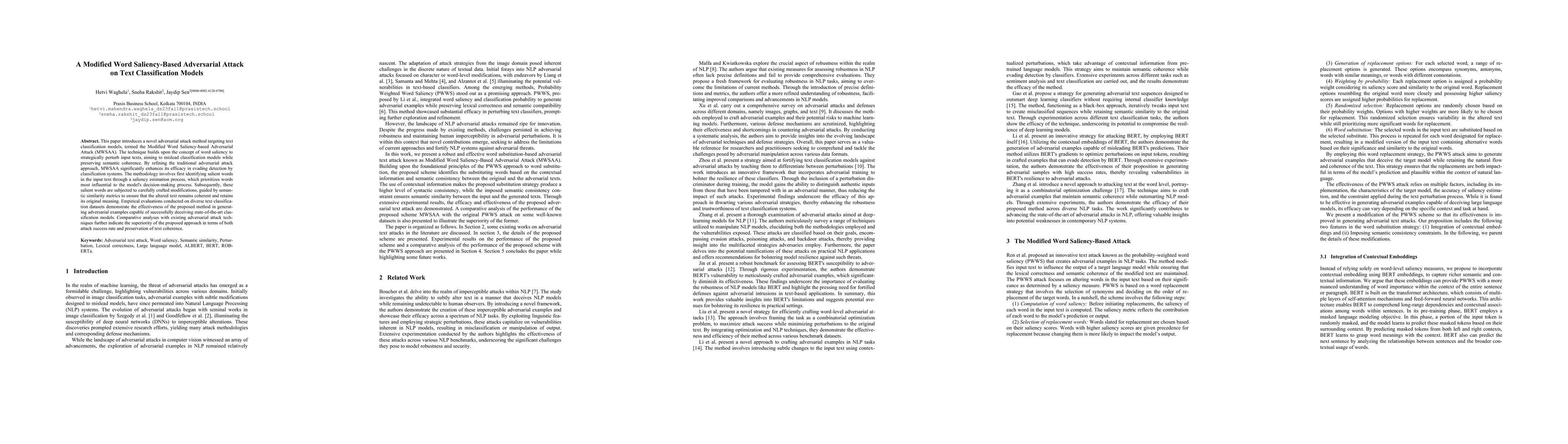Thumbnail for A Modified Word Saliency-Based Adversarial Attack on Text Classification
  Models