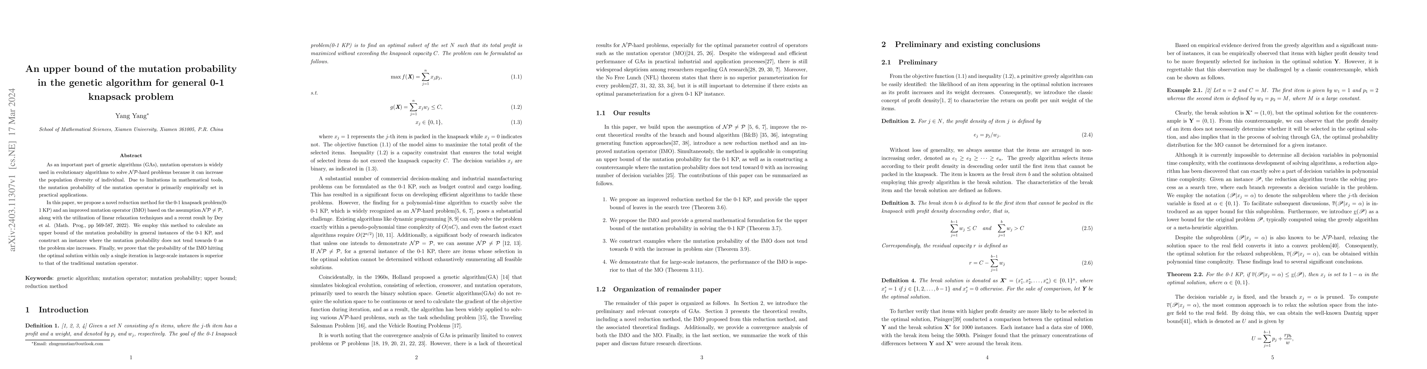 Thumbnail for An upper bound of the mutation probability in the genetic algorithm for
  general 0-1 knapsack problem