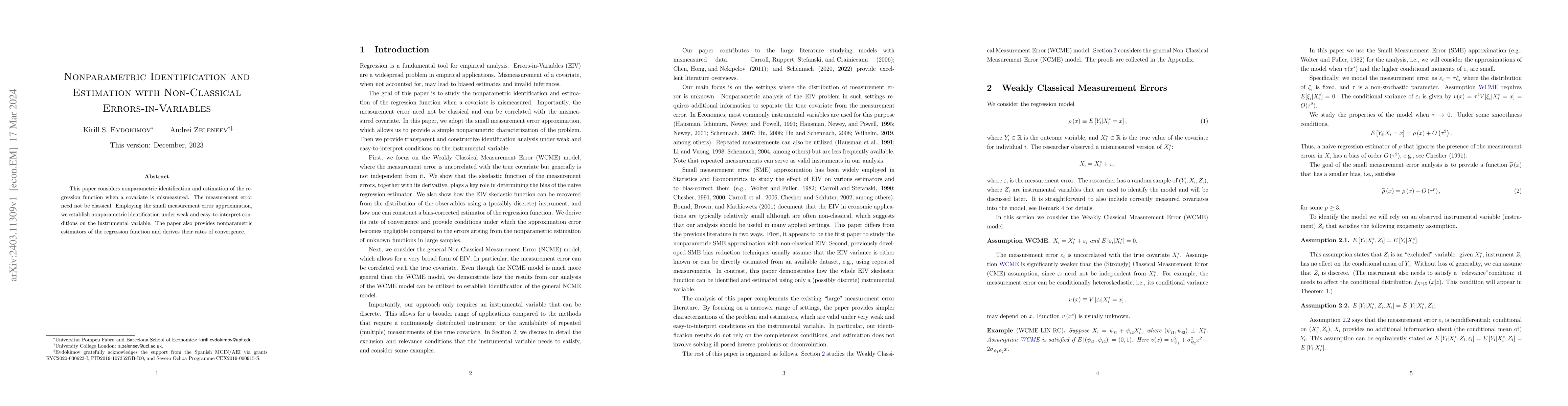Thumbnail for Nonparametric Identification and Estimation with Non-Classical
  Errors-in-Variables