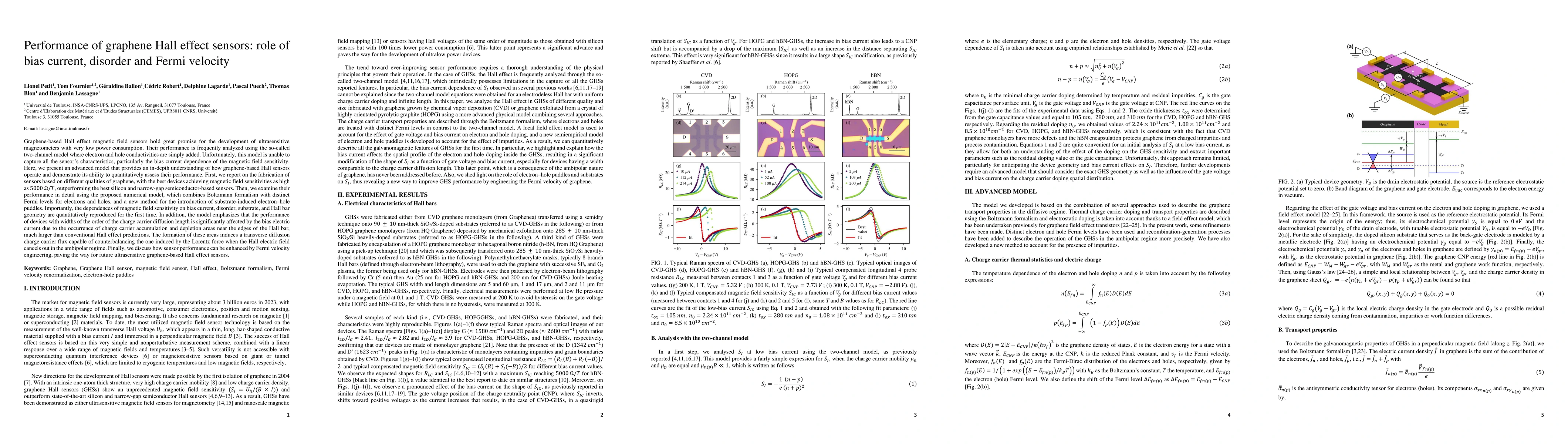 Thumbnail for Performance of graphene Hall effect sensors: role of bias current,
  disorder and Fermi velocity