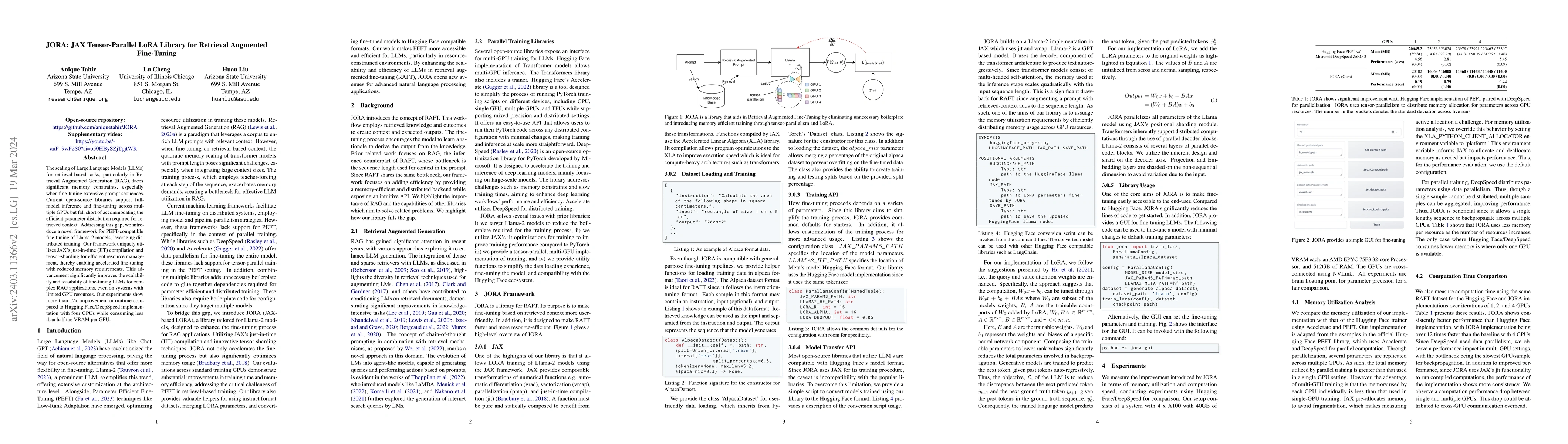 Thumbnail for JORA: JAX Tensor-Parallel LoRA Library for Retrieval Augmented
  Fine-Tuning