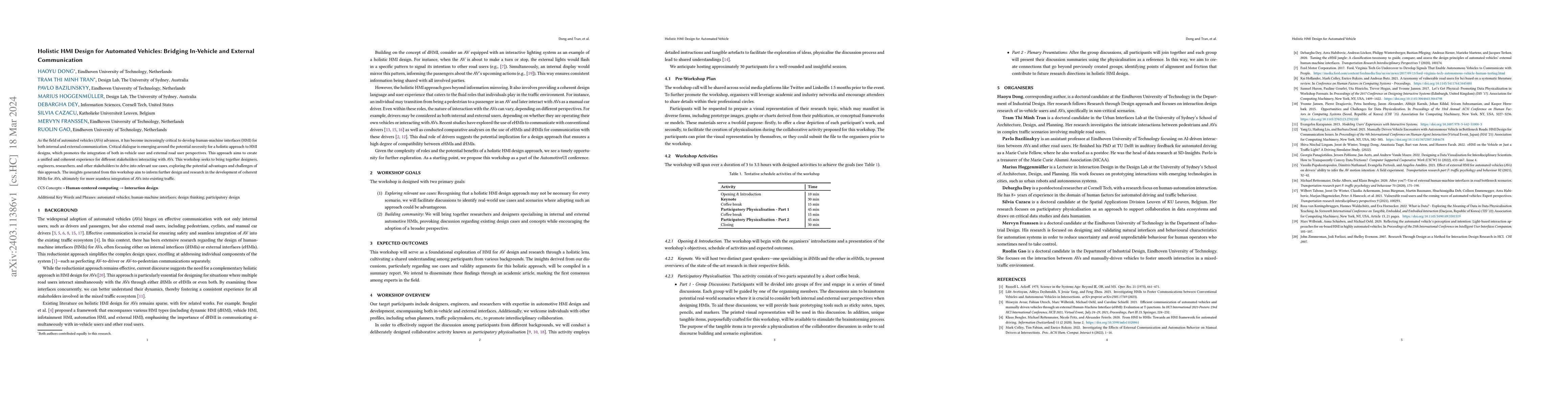Thumbnail for Holistic HMI Design for Automated Vehicles: Bridging In-Vehicle and
  External Communication