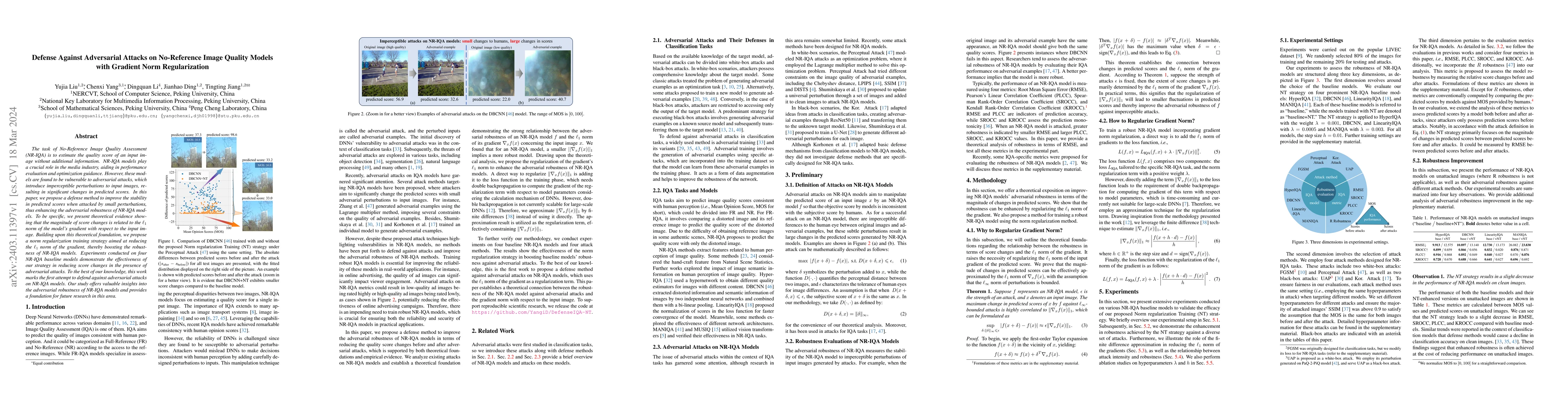 Thumbnail for Defense Against Adversarial Attacks on No-Reference Image Quality Models
  with Gradient Norm Regularization