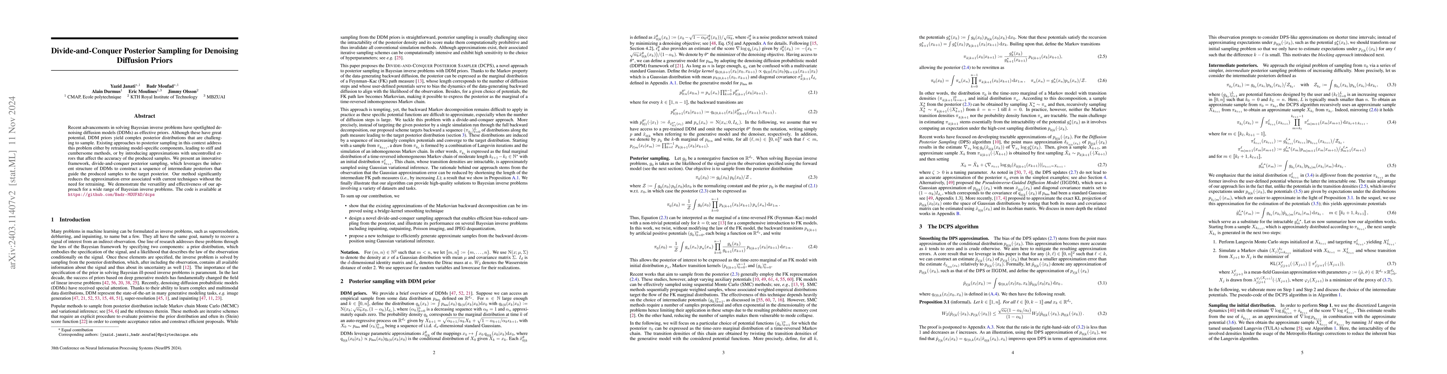 Thumbnail for Divide-and-Conquer Posterior Sampling for Denoising Diffusion Priors