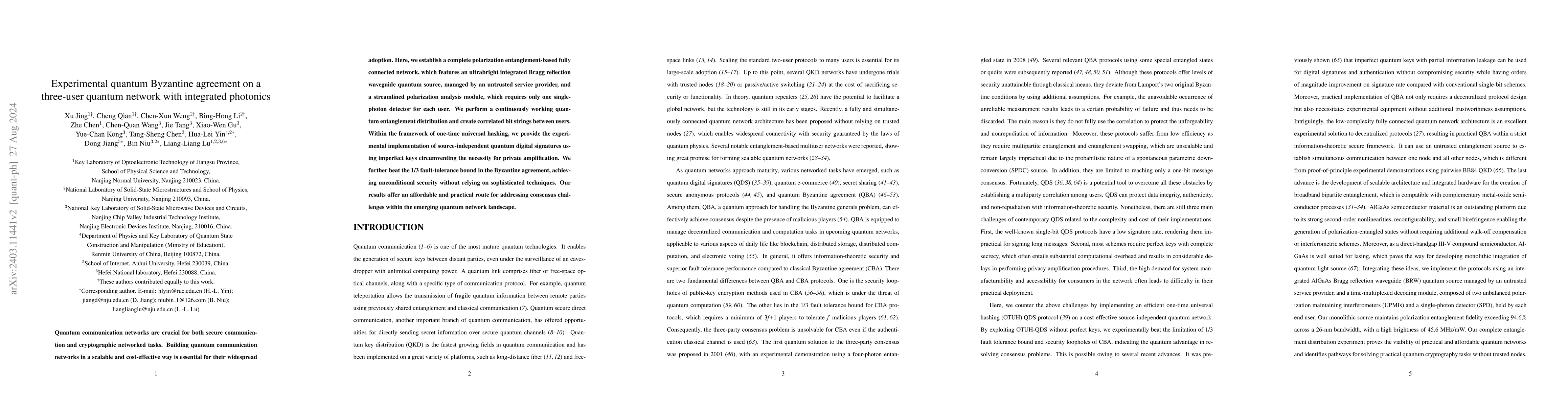 Thumbnail for Experimental Quantum Byzantine Agreement on a Three-User Quantum Network
  with Integrated Photonics