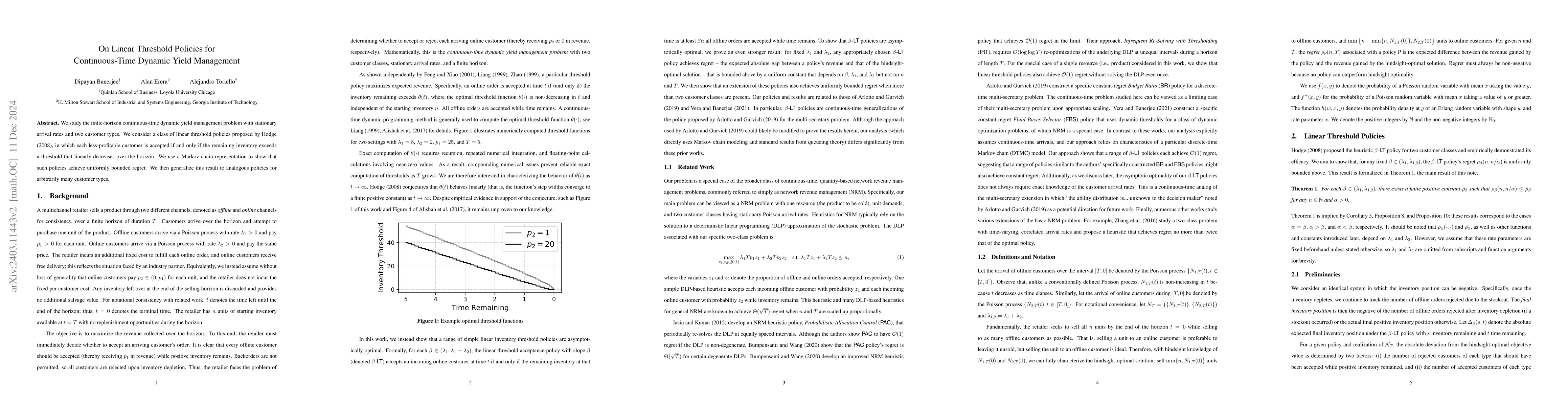 Thumbnail for On Linear Threshold Policies for Continuous-Time Dynamic Yield
  Management