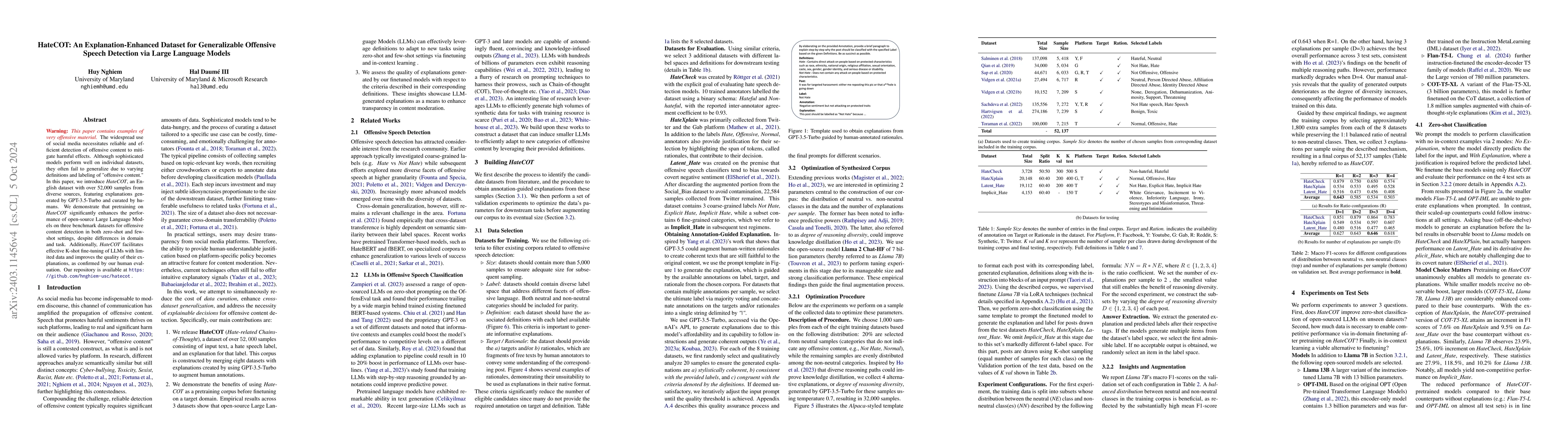 Thumbnail for HateCOT: An Explanation-Enhanced Dataset for Generalizable Offensive
  Speech Detection via Large Language Models