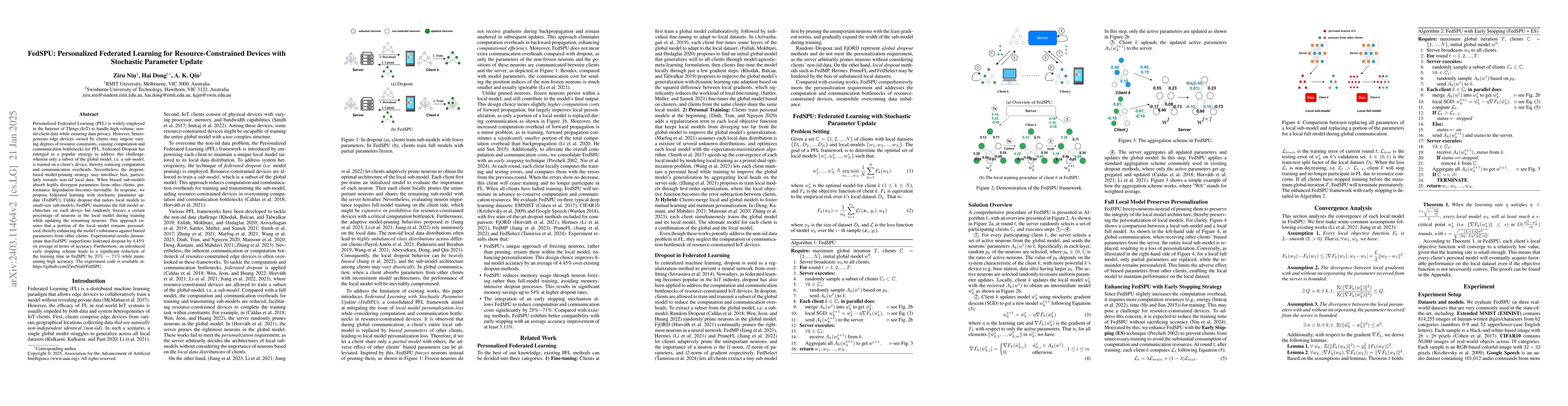 Thumbnail for FedSPU: Personalized Federated Learning for Resource-constrained Devices
  with Stochastic Parameter Update