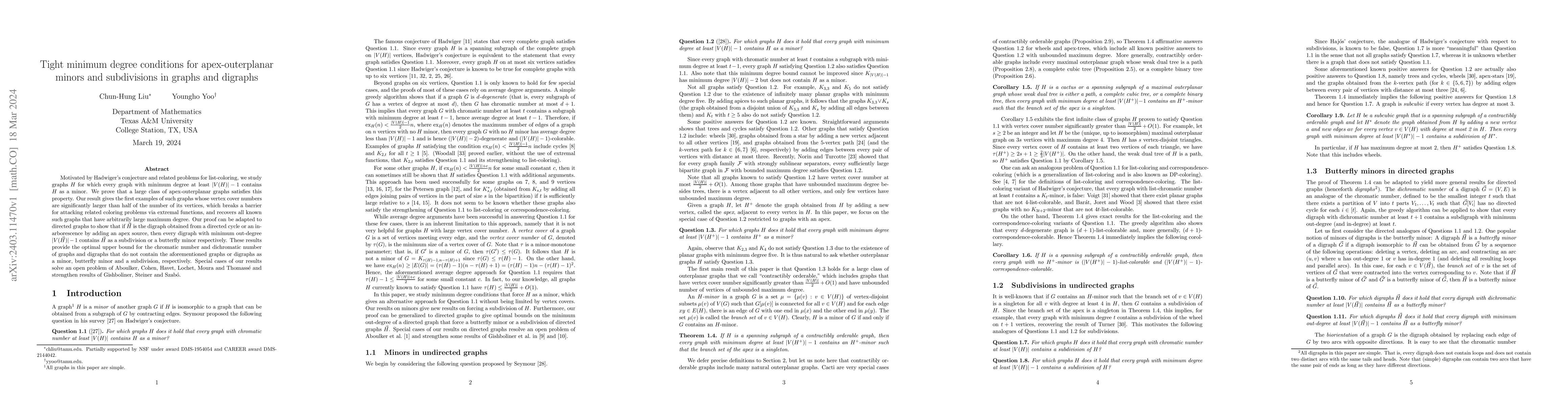 Thumbnail for Tight minimum degree conditions for apex-outerplanar minors and
  subdivisions in graphs and digraphs