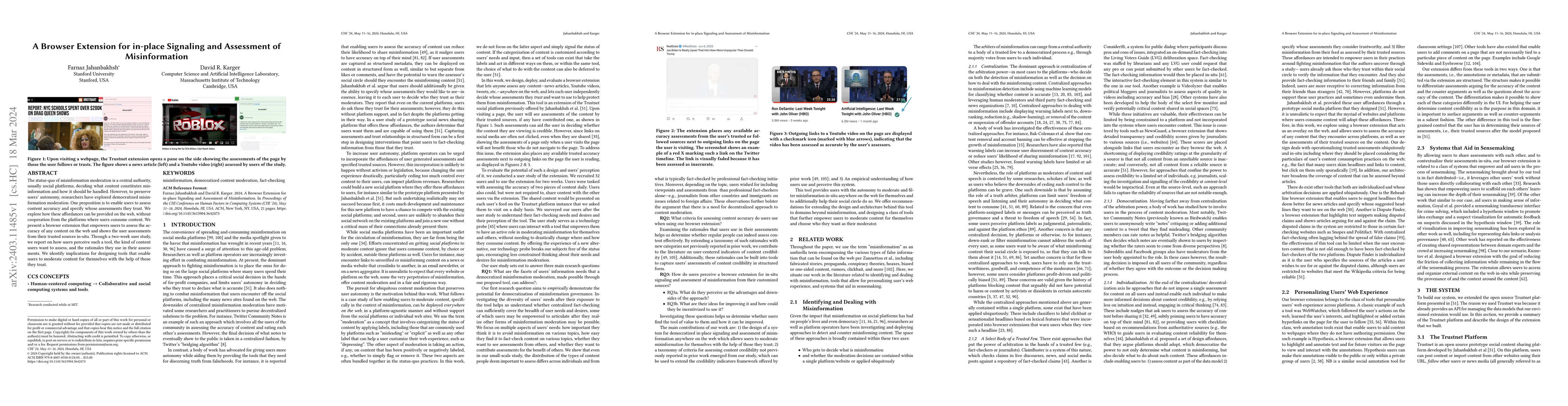 Thumbnail for A Browser Extension for in-place Signaling and Assessment of
  Misinformation
