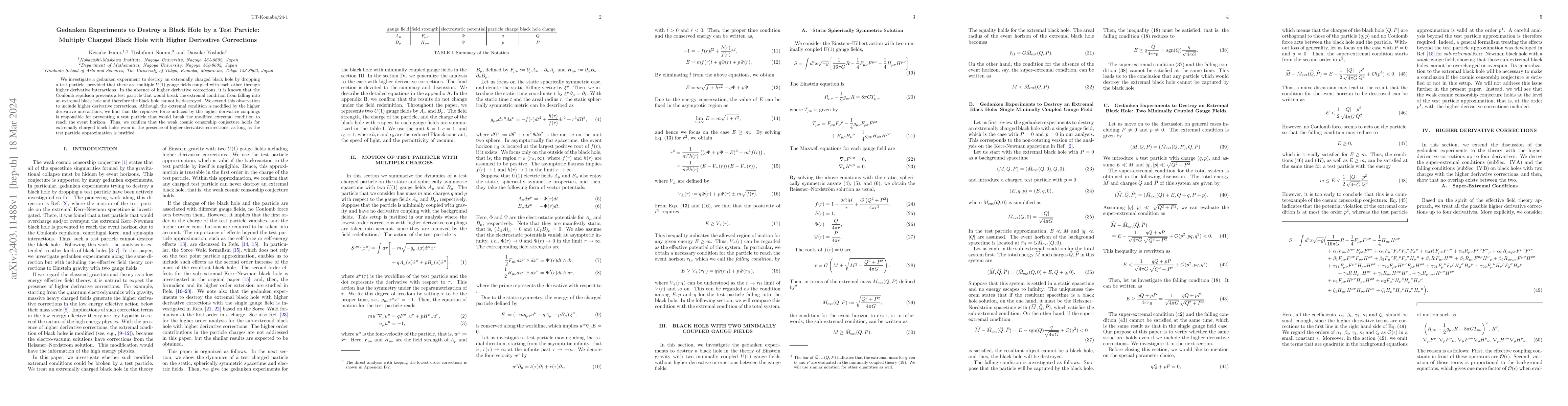 Thumbnail for Gedanken Experiments to Destroy a Black Hole by a Test Particle:
  Multiply Charged Black Hole with Higher Derivative Corrections