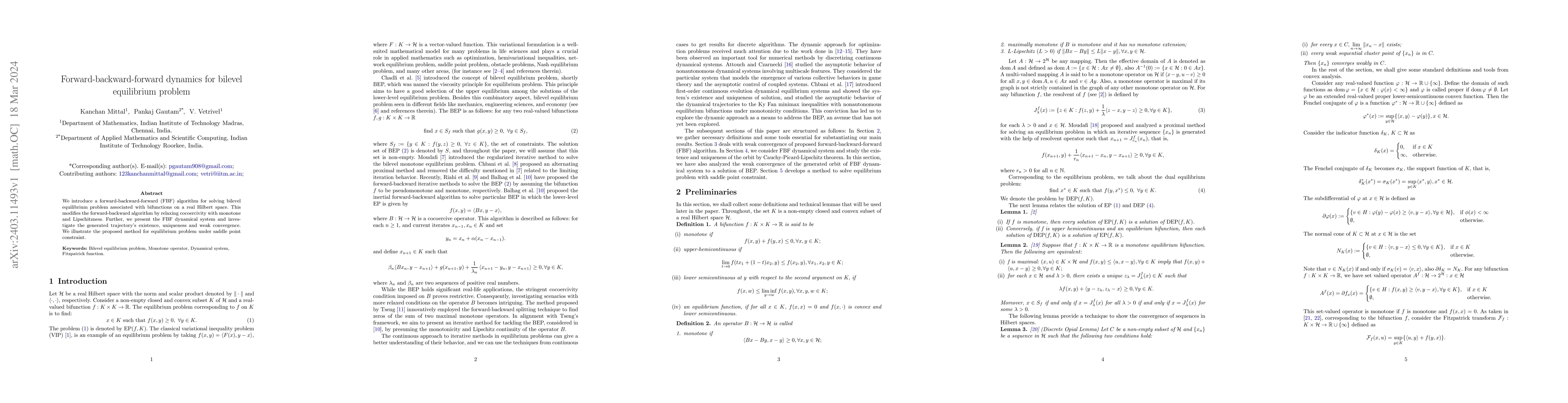 Thumbnail for Forward-backward-forward dynamics for bilevel equilibrium problem