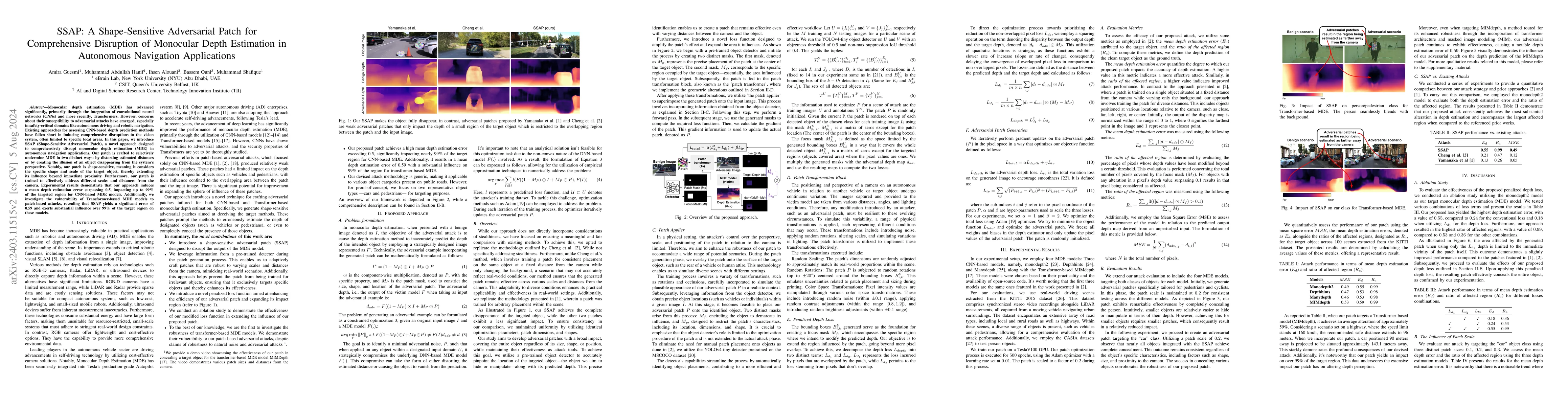 Thumbnail for SSAP: A Shape-Sensitive Adversarial Patch for Comprehensive Disruption
  of Monocular Depth Estimation in Autonomous Navigation Applications