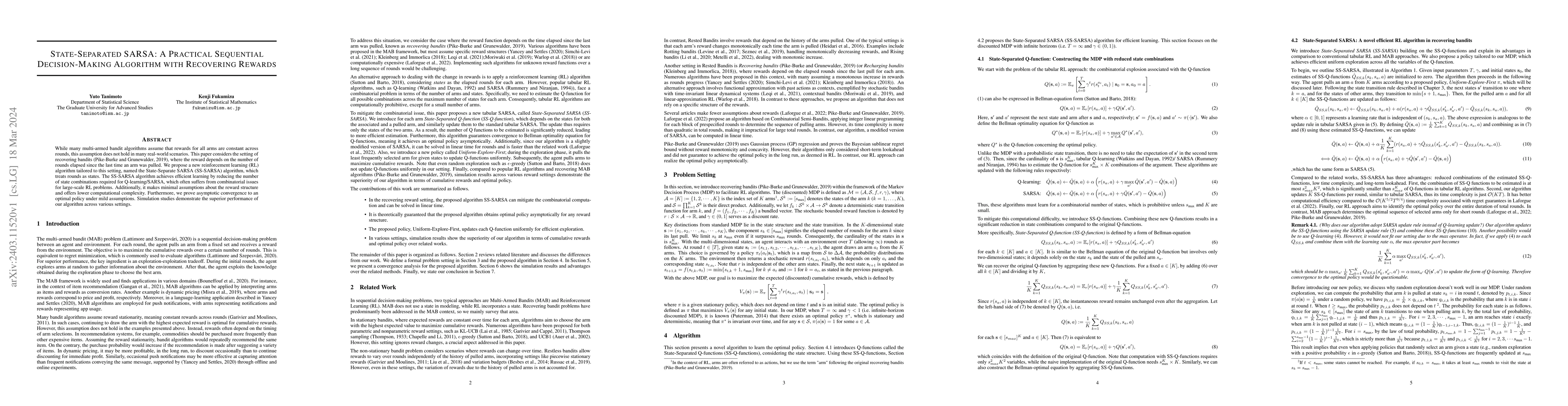 Thumbnail for State-Separated SARSA: A Practical Sequential Decision-Making Algorithm
  with Recovering Rewards