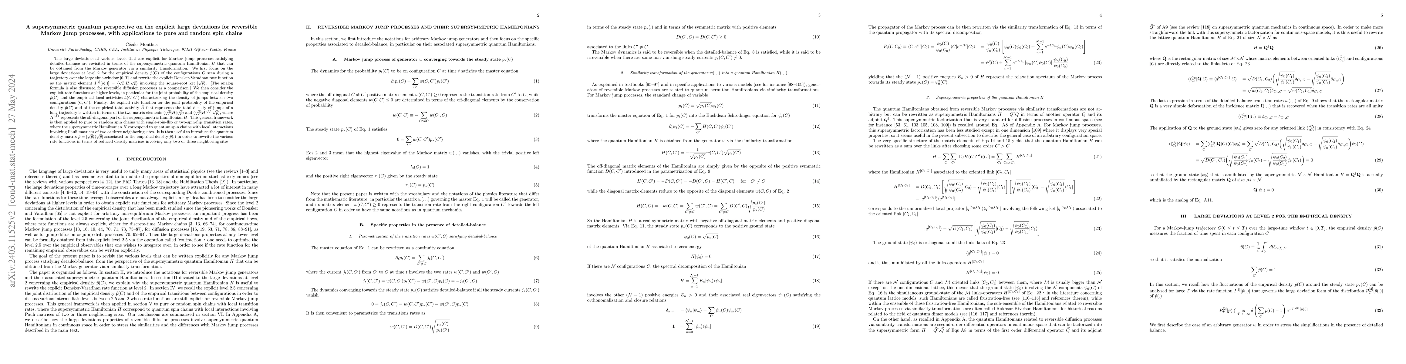 Thumbnail for A supersymmetric quantum perspective on the explicit large deviations
  for reversible Markov jump processes, with applications to pure and random
  spin chains