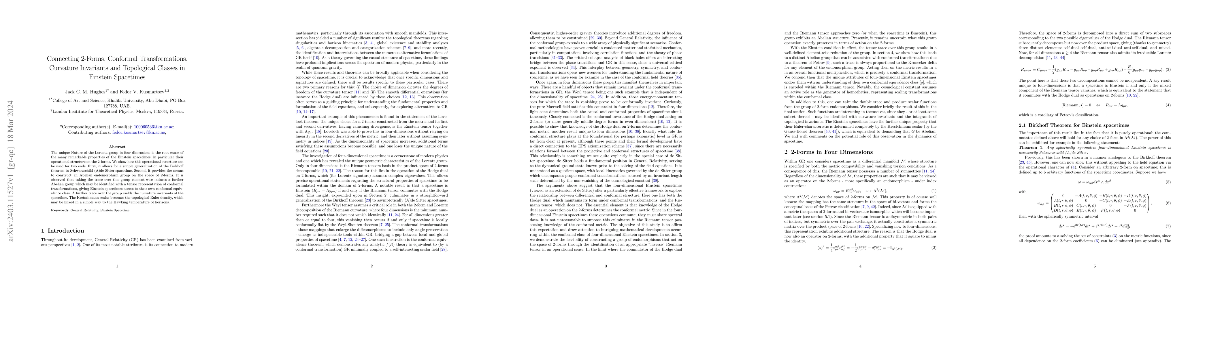 Thumbnail for Connecting 2-Forms, Conformal Transformations, Curvature Invariants and
  Topological Classes in Einstein Spacetimes