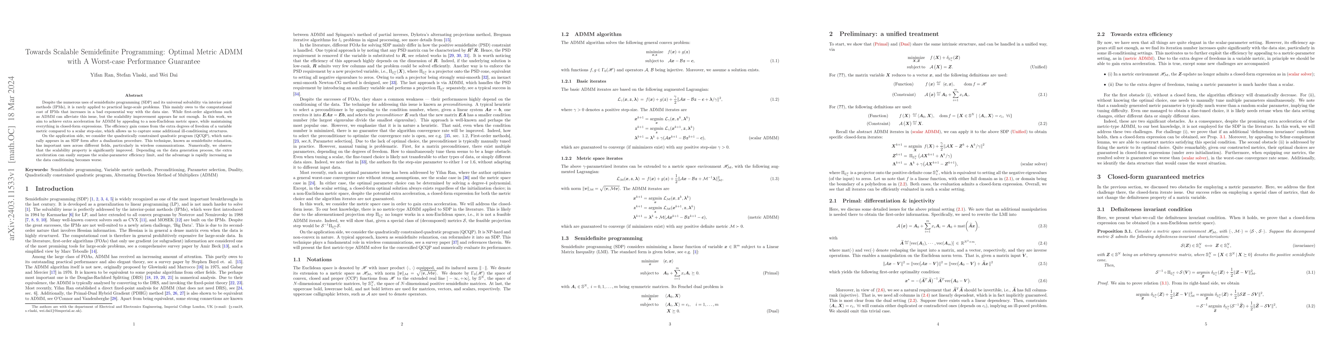 Thumbnail for Towards Scalable Semidefinite Programming: Optimal Metric ADMM with A
  Worst-case Performance Guarantee