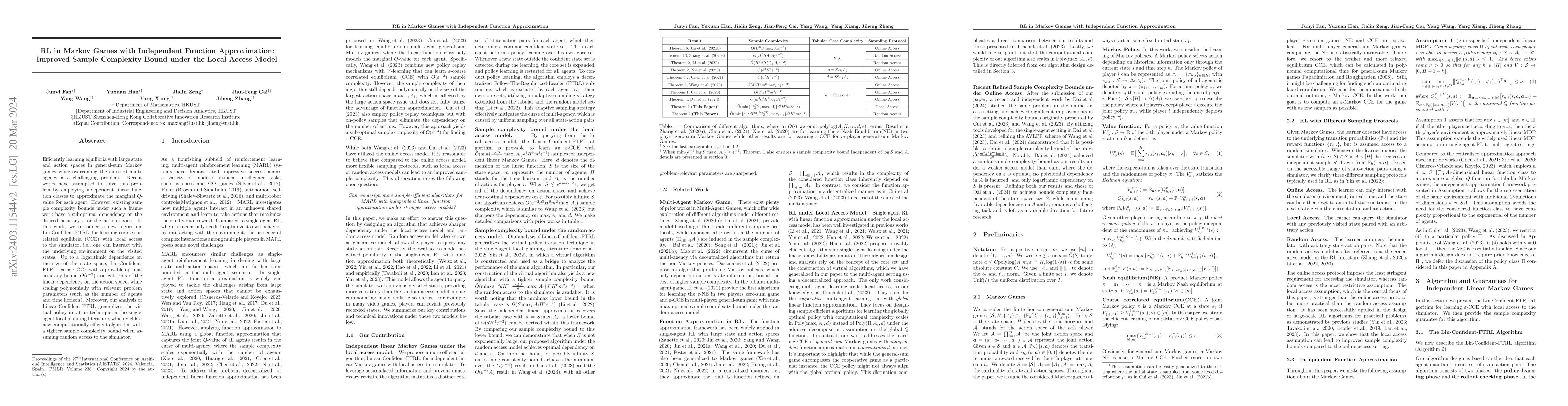 Thumbnail for RL in Markov Games with Independent Function Approximation: Improved
  Sample Complexity Bound under the Local Access Model