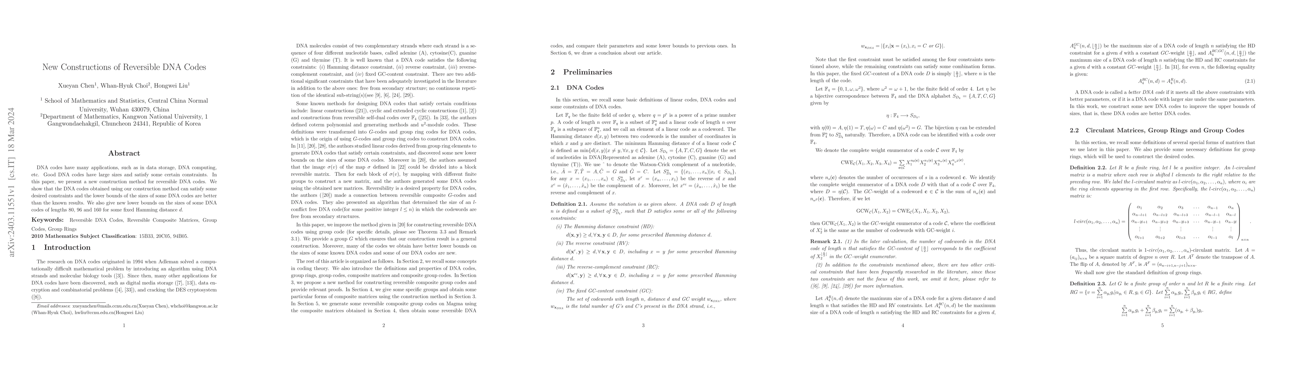 Thumbnail for New Constructions of Reversible DNA Codes