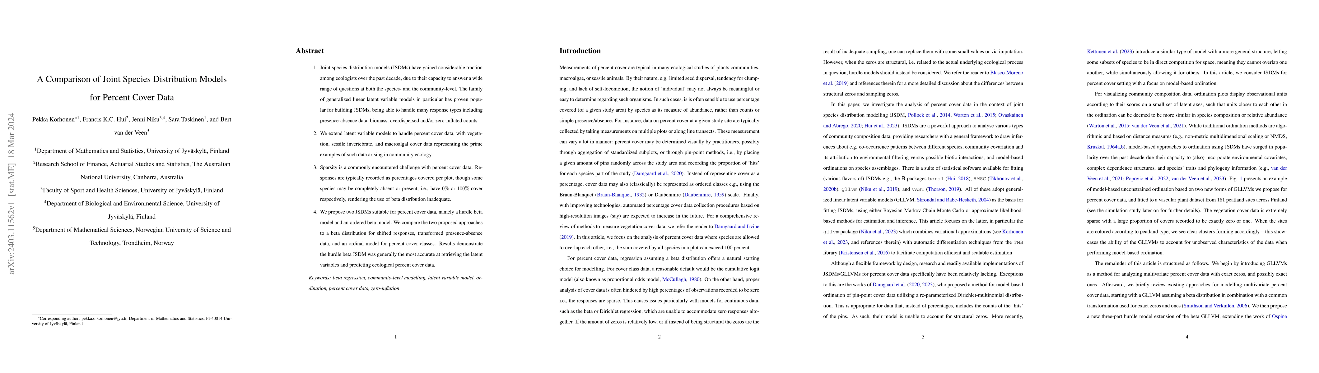 Thumbnail for A Comparison of Joint Species Distribution Models for Percent Cover Data