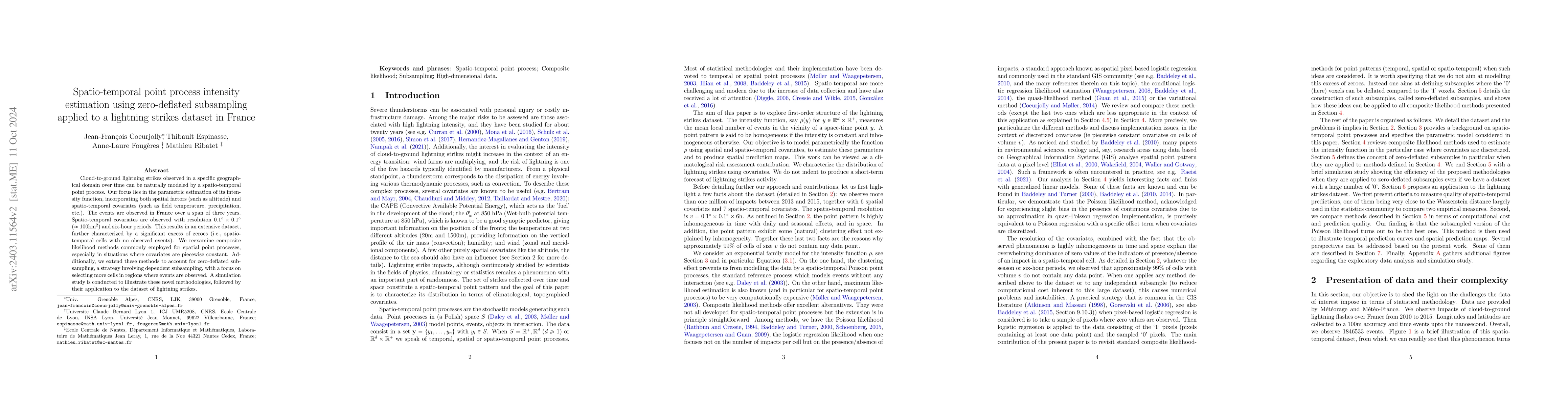 Thumbnail for Spatio-temporal point process intensity estimation using zero-deflated
  subsampling applied to a lightning strikes dataset in France